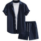 Waffle Knit 2 Piece Outfits for Men, Button Down Shirt and Shorts Set