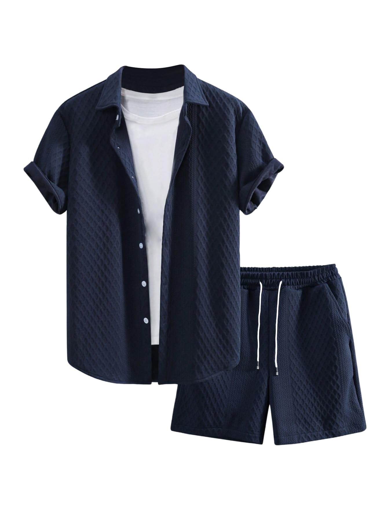 Waffle Knit 2 Piece Outfits for Men, Button Down Shirt and Shorts Set