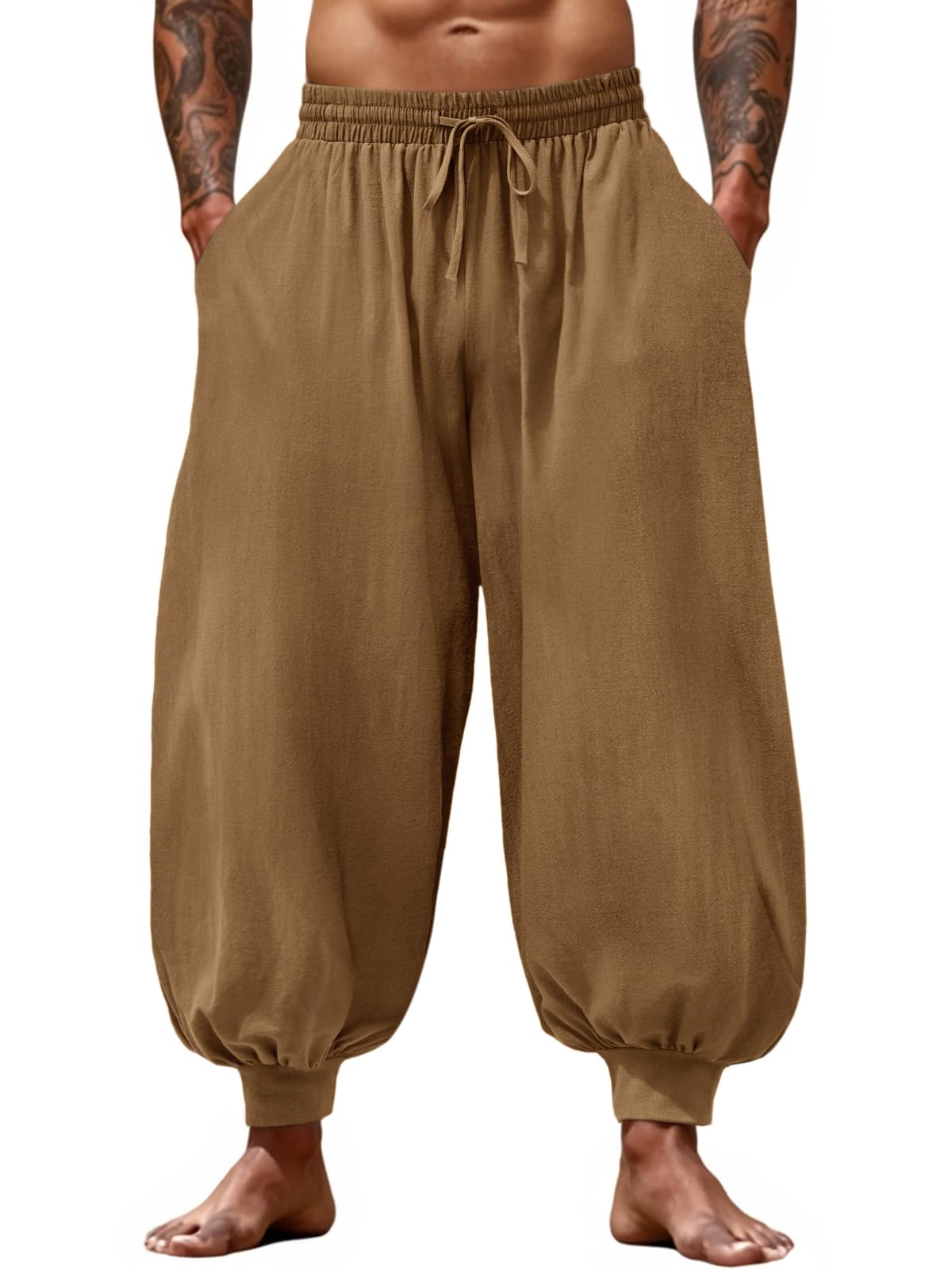 Casual Elastic Waist Drawstring Baggy Pants, Cotton Linen Loose Boho Yoga Beach Trousers