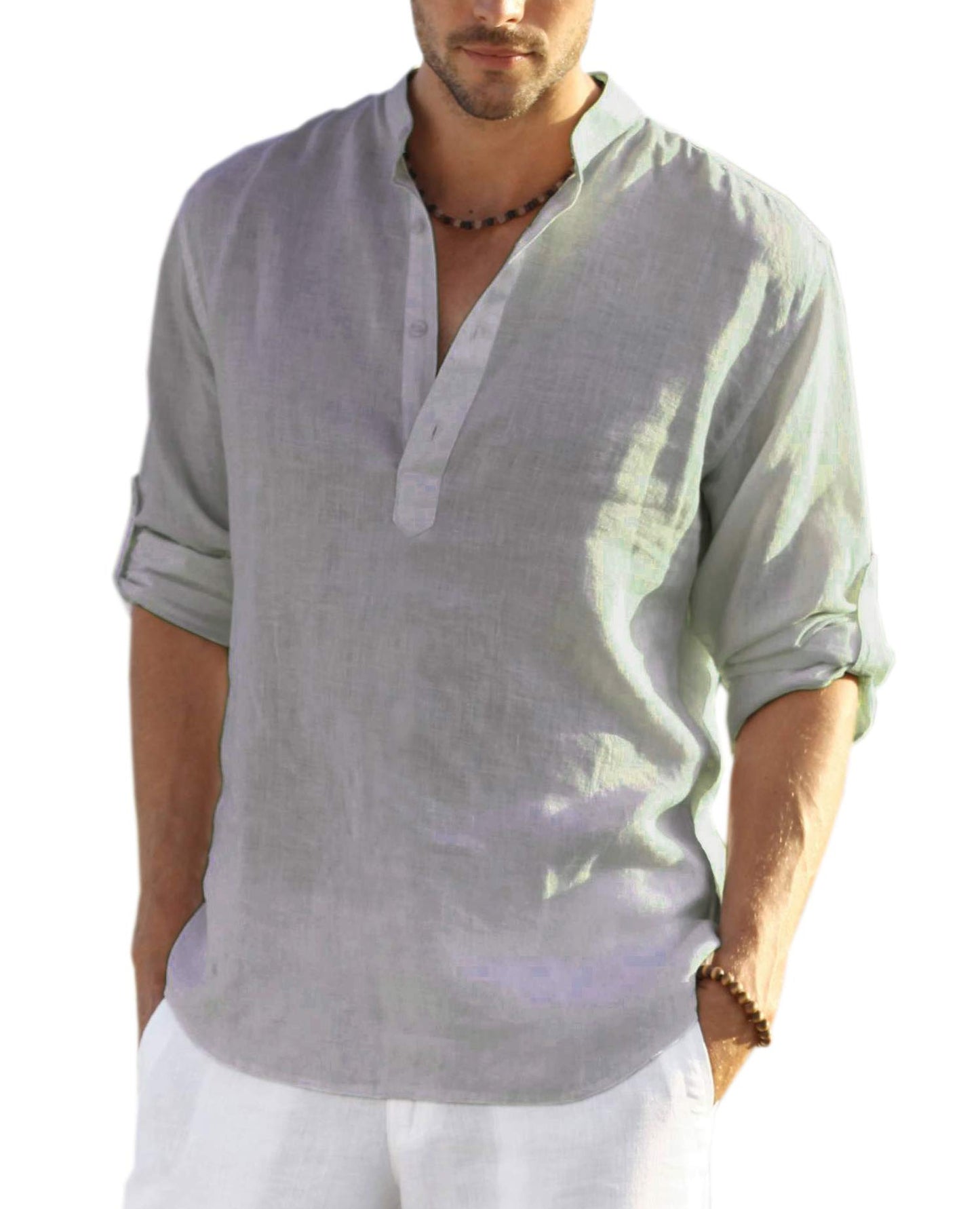 Cotton Linen Henley T-Shirt for Men, Long Sleeve Hippie Casual Beach T-Shirts