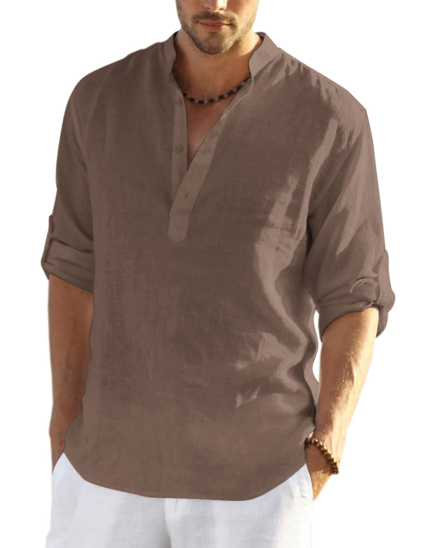 Cotton Linen Henley T-Shirt for Men, Long Sleeve Hippie Casual Beach T-Shirts