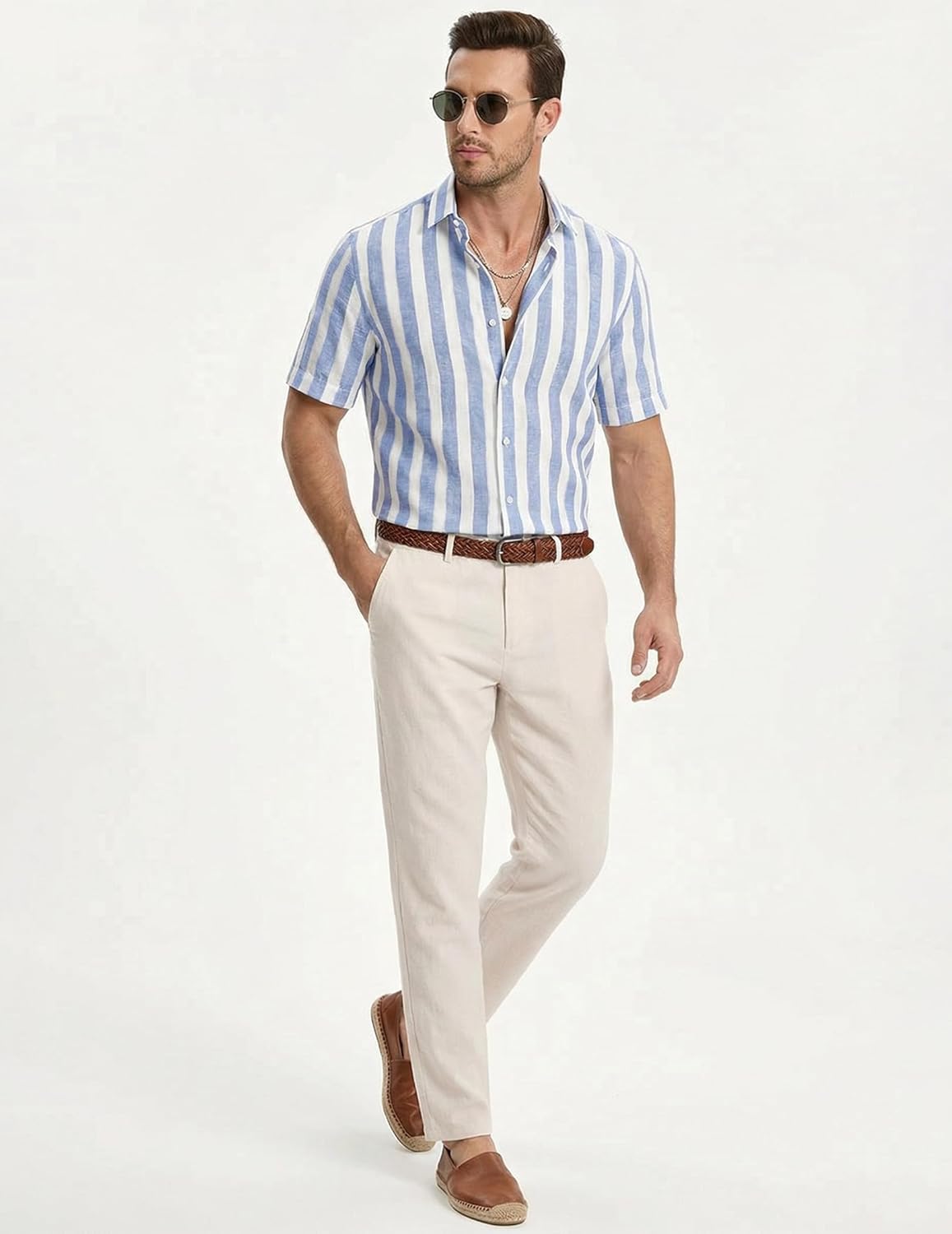 Men's Casual Stylish Short Sleeve Button-Up Striped Dress Shirt Cotton Beach Shirts