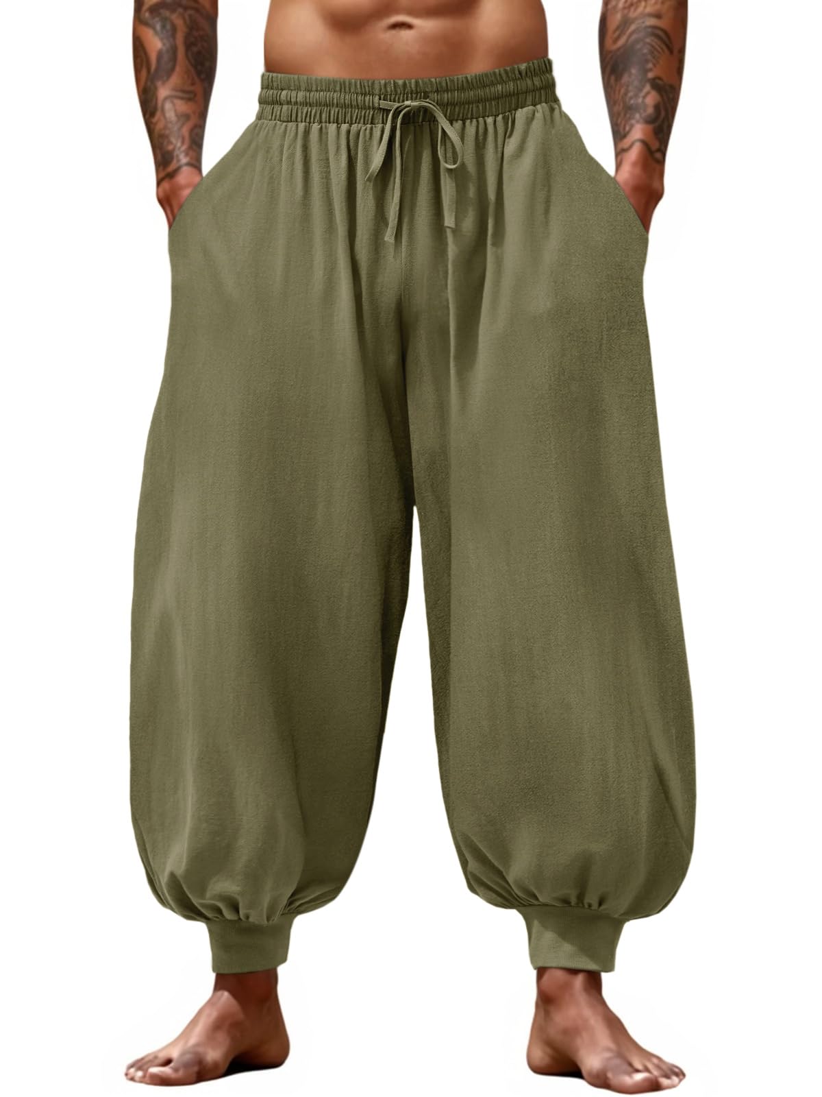 Casual Elastic Waist Drawstring Baggy Pants, Cotton Linen Loose Boho Yoga Beach Trousers
