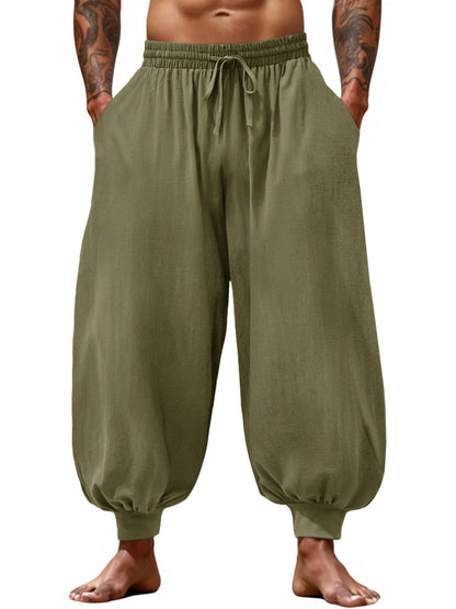 Casual Elastic Waist Drawstring Baggy Pants, Cotton Linen Loose Boho Yoga Beach Trousers