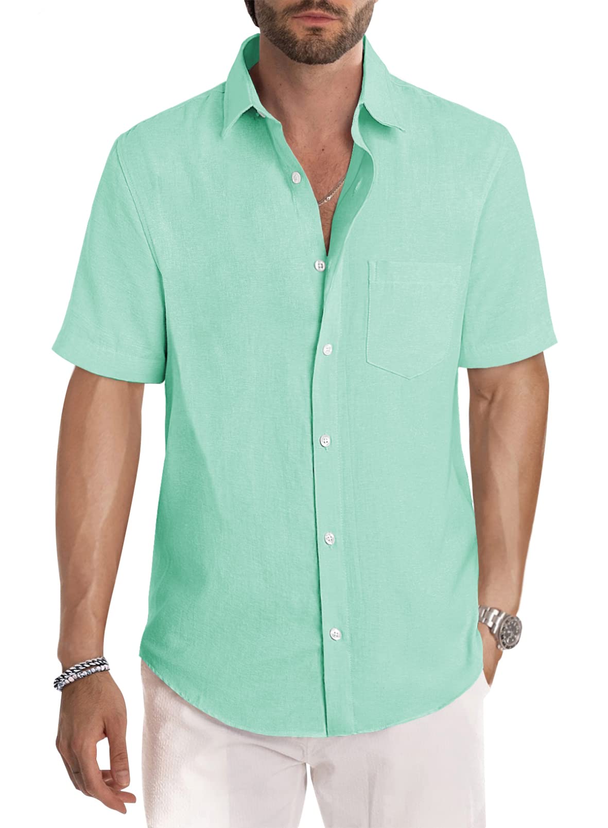 Men's Casual Stylish Short Sleeve Button-Up Striped Dress Shirt Cotton Beach Shirts