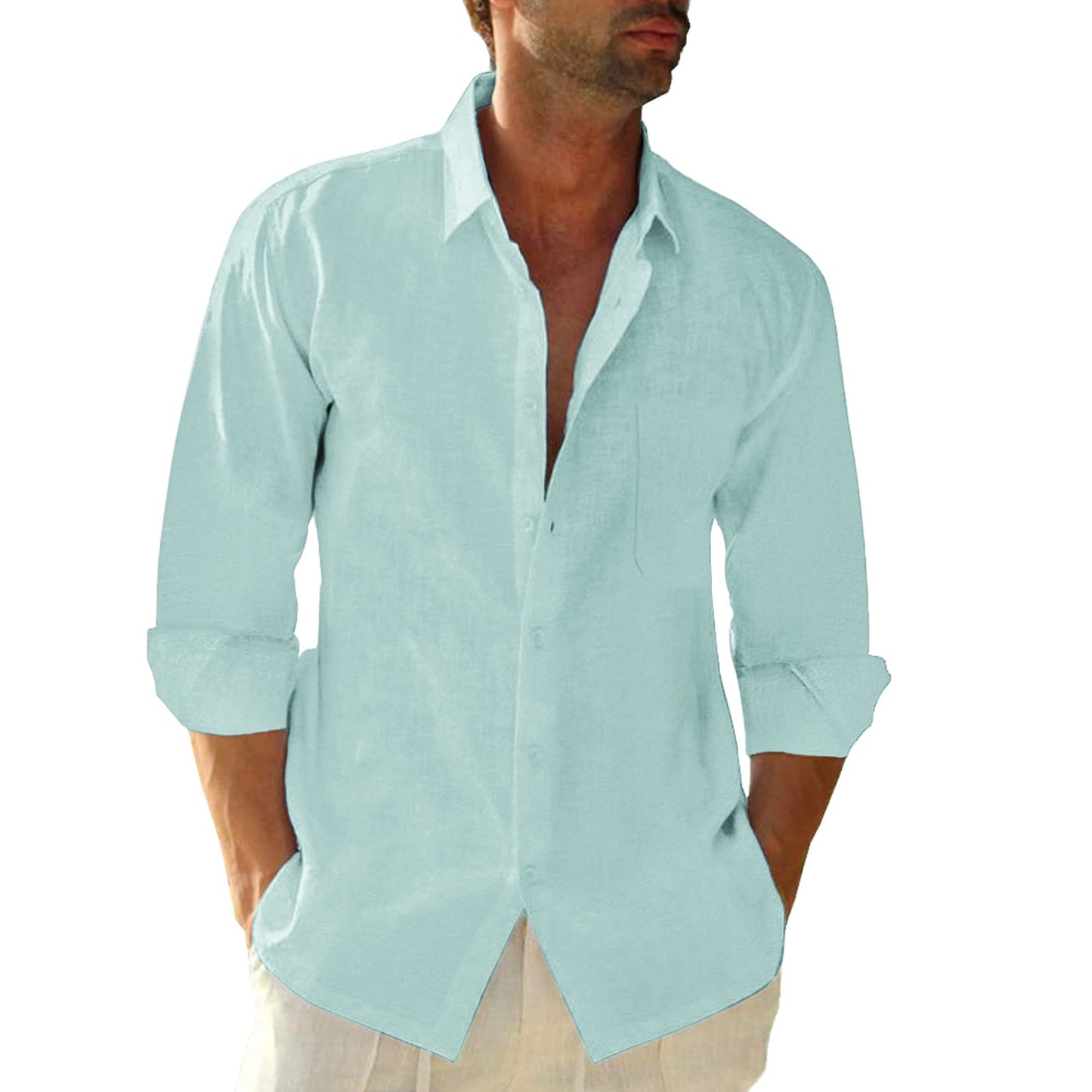 Linen Cotton Button Down Shirts for Men, Casual Long Sleeve Regular Fit Beach Shirts with Pocket