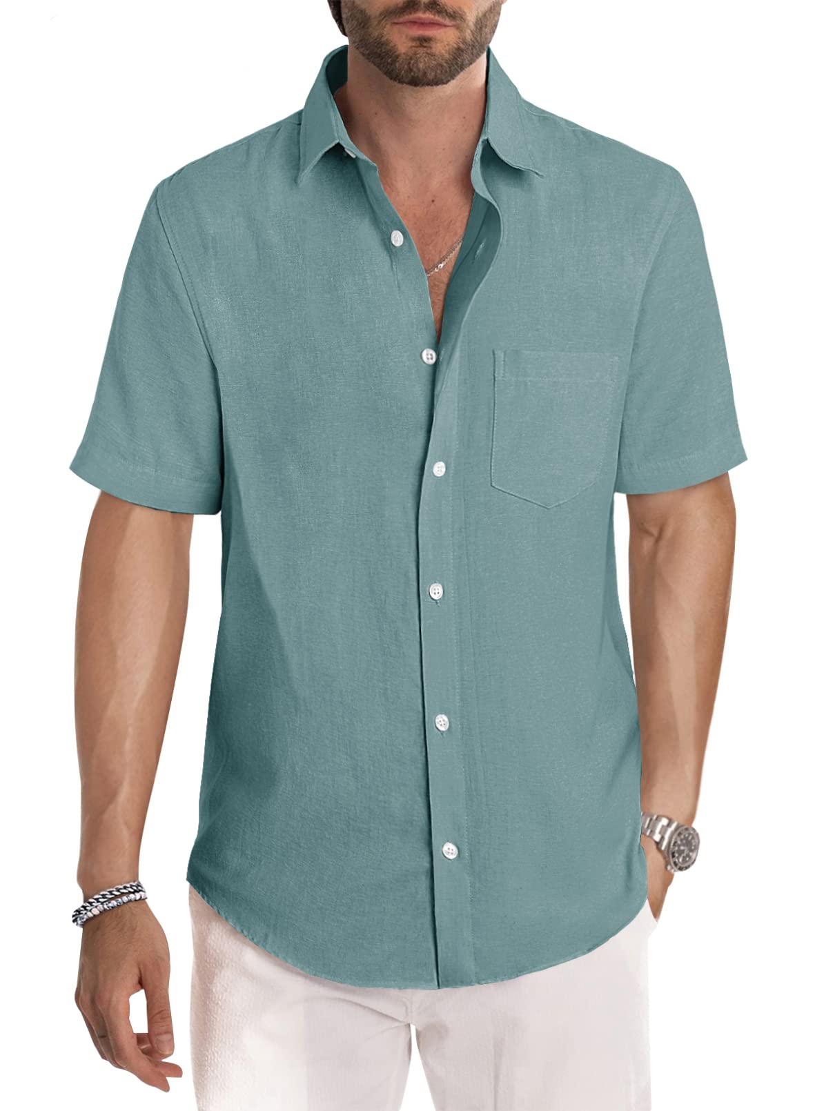 Men's Casual Stylish Short Sleeve Button-Up Striped Dress Shirt Cotton Beach Shirts