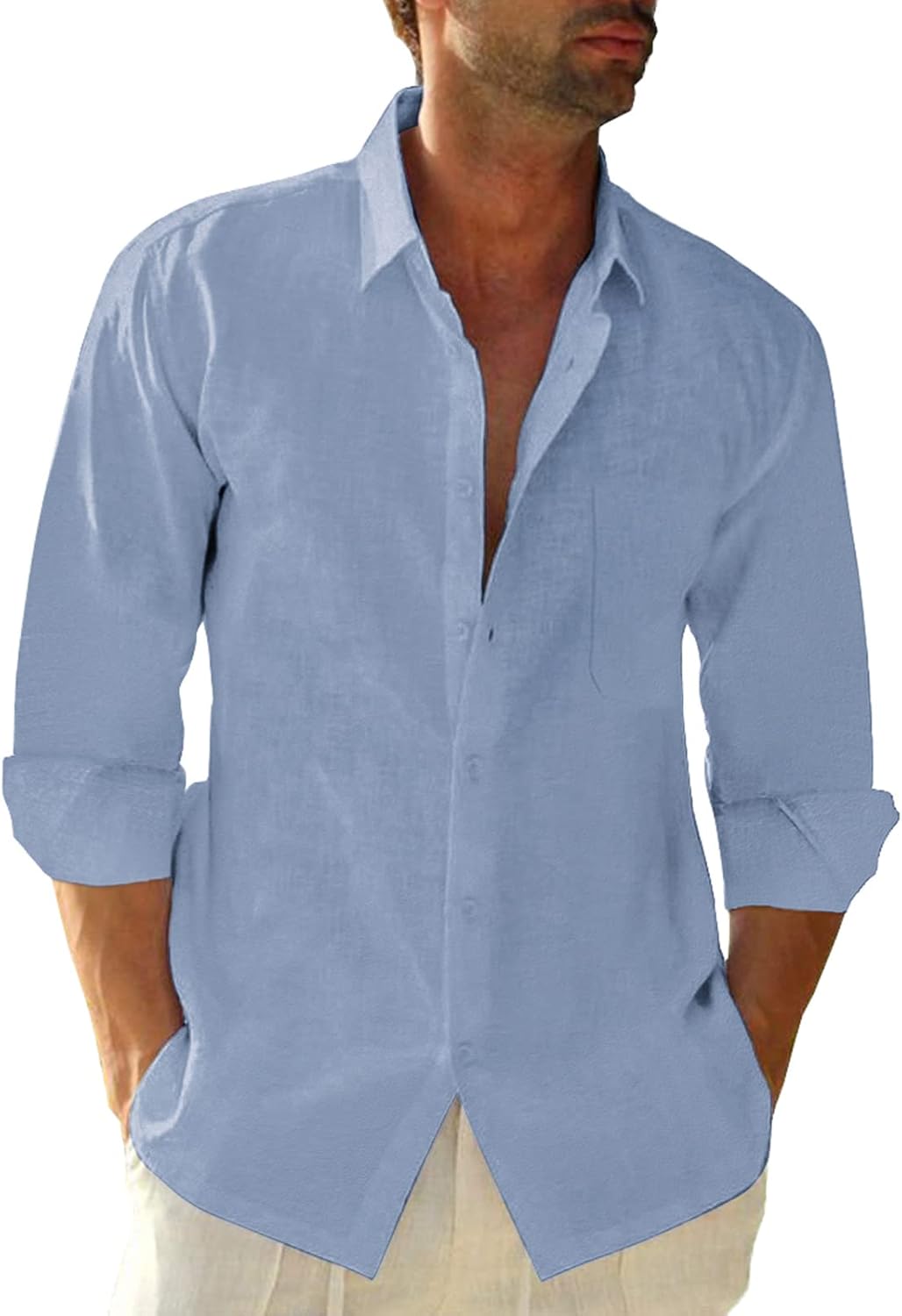 Linen Cotton Button Down Shirts for Men, Casual Long Sleeve Regular Fit Beach Shirts with Pocket