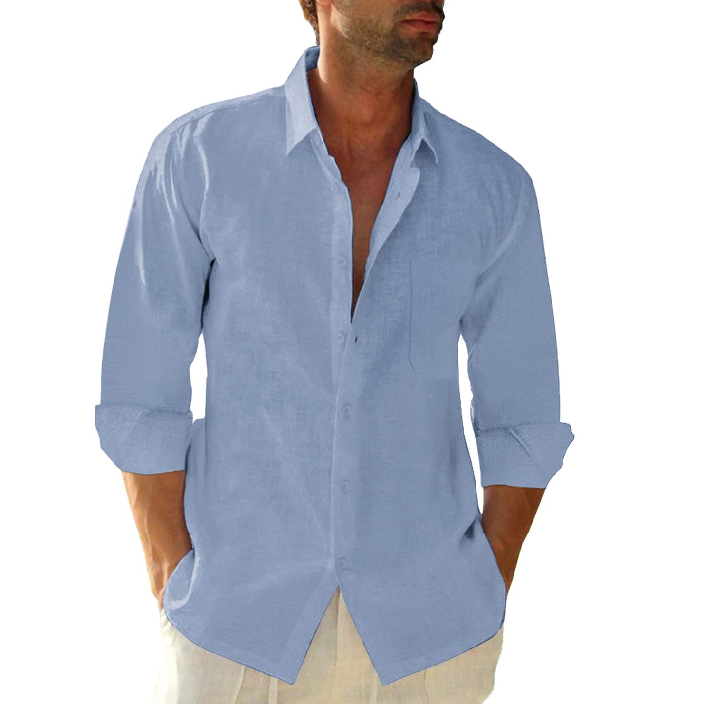Linen Cotton Button Down Shirts for Men, Casual Long Sleeve Regular Fit Beach Shirts with Pocket