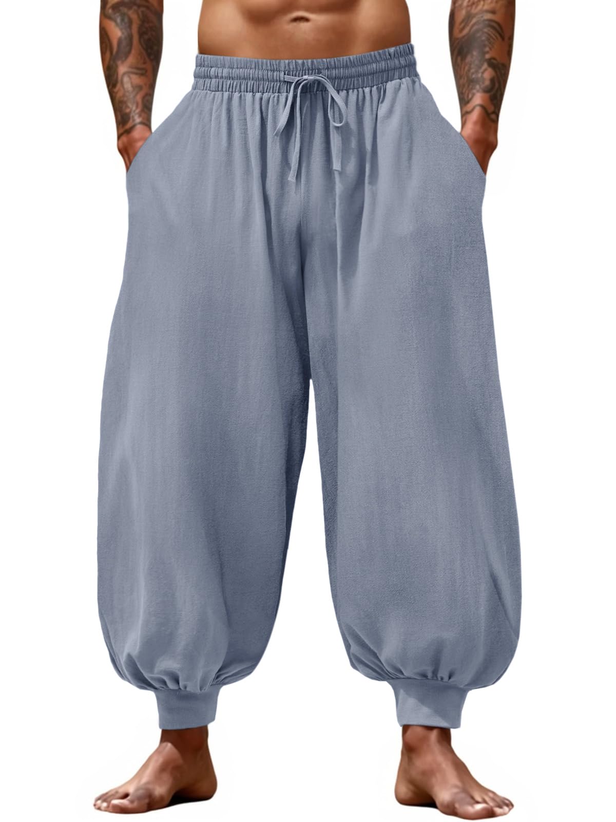 Casual Elastic Waist Drawstring Baggy Pants, Cotton Linen Loose Boho Yoga Beach Trousers