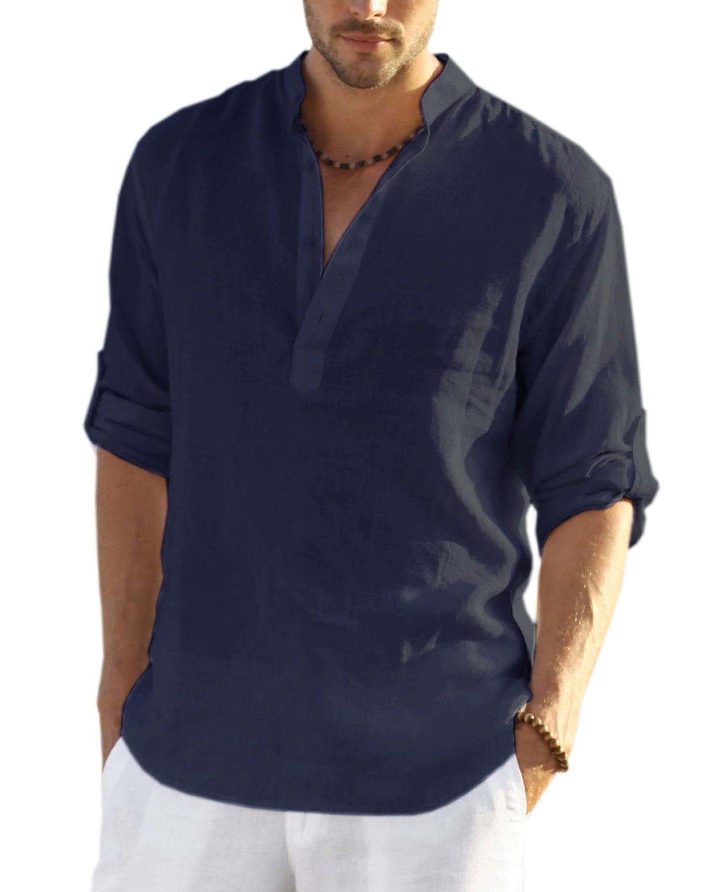 Cotton Linen Henley T-Shirt for Men, Long Sleeve Hippie Casual Beach T-Shirts