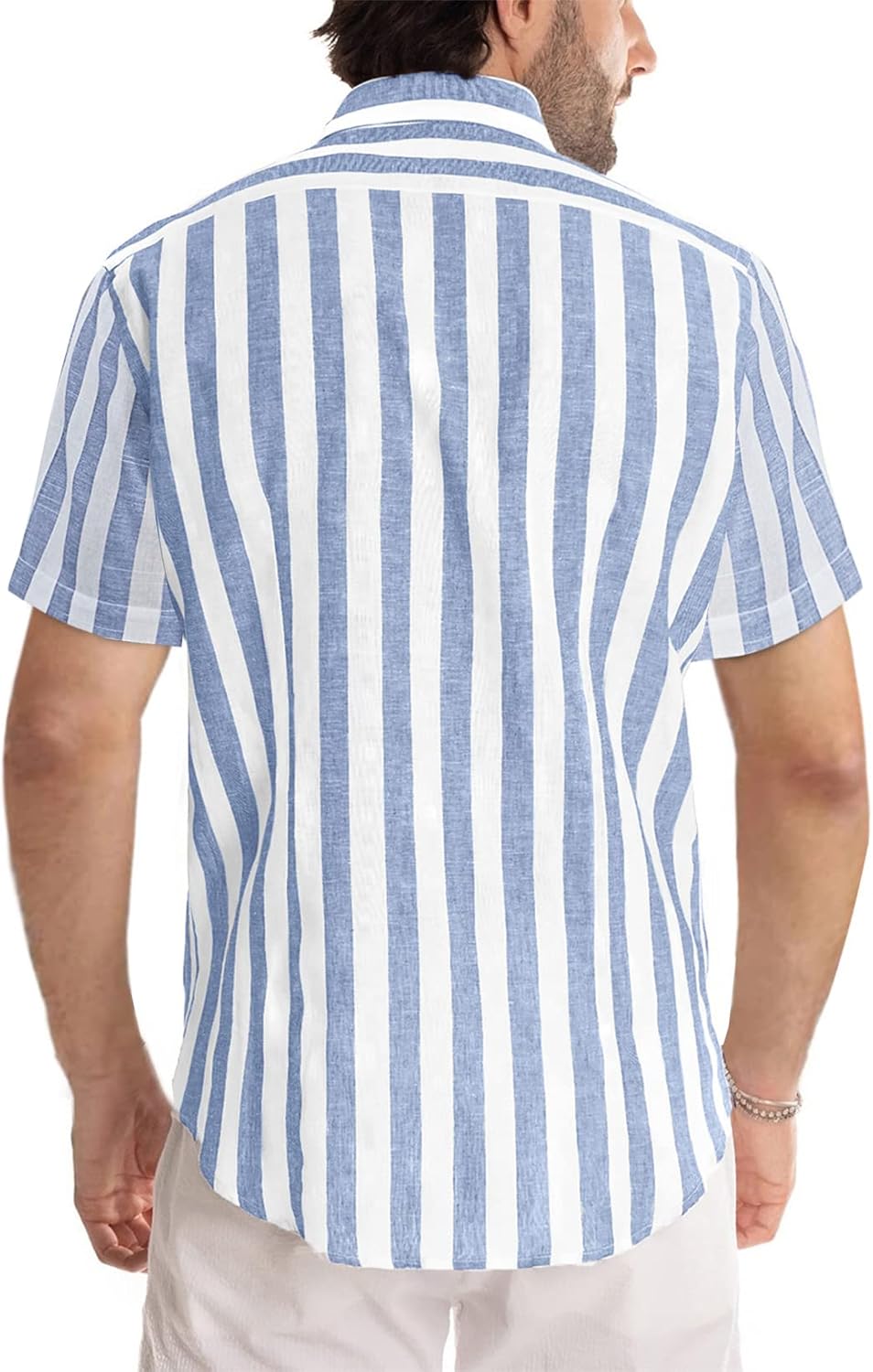Men's Casual Stylish Short Sleeve Button-Up Striped Dress Shirt Cotton Beach Shirts