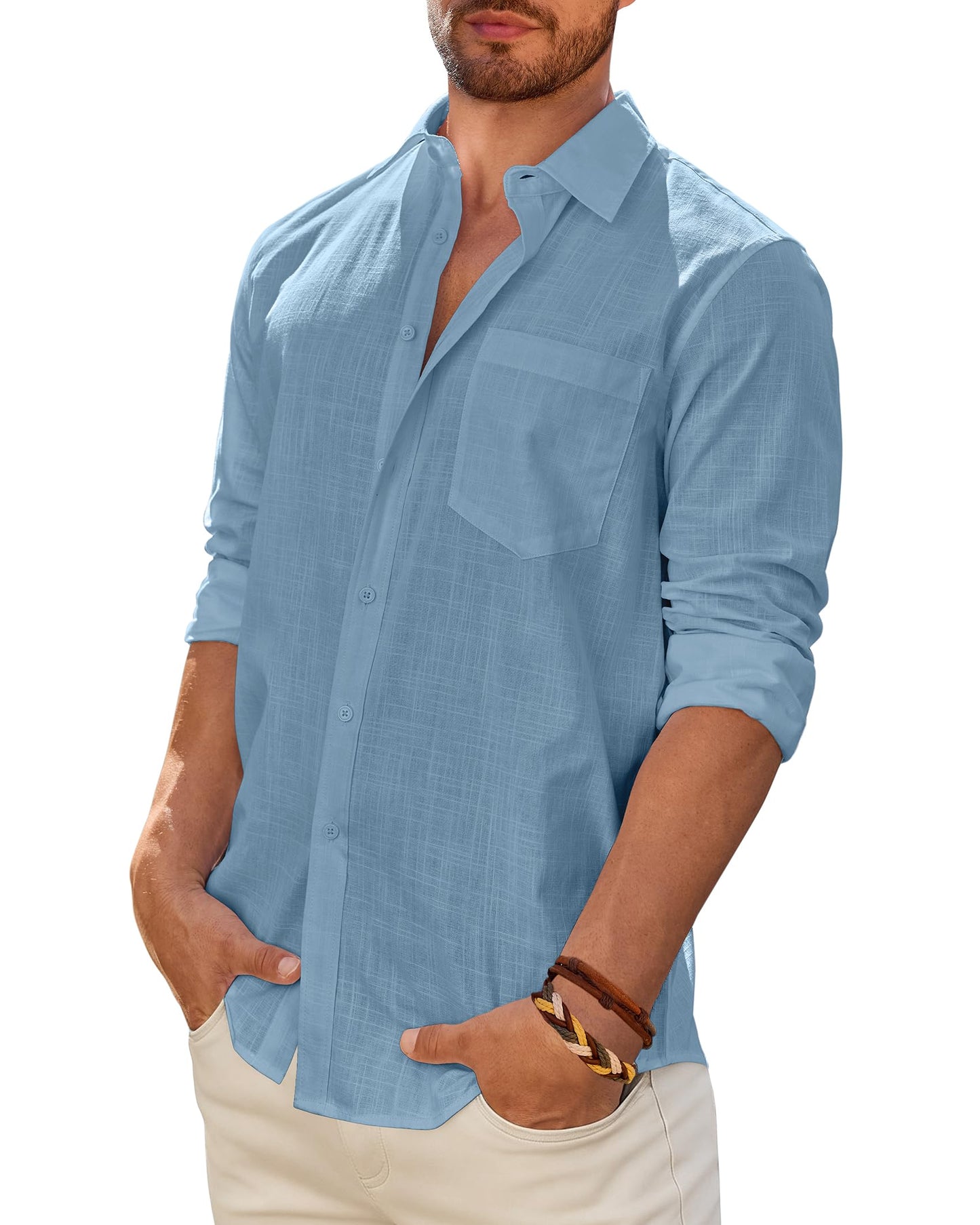 Mens Linen Textured Shirt Long Sleeve Casual Cotton Solid Regular Fit Wedding Summer Beach Button Down Shirt