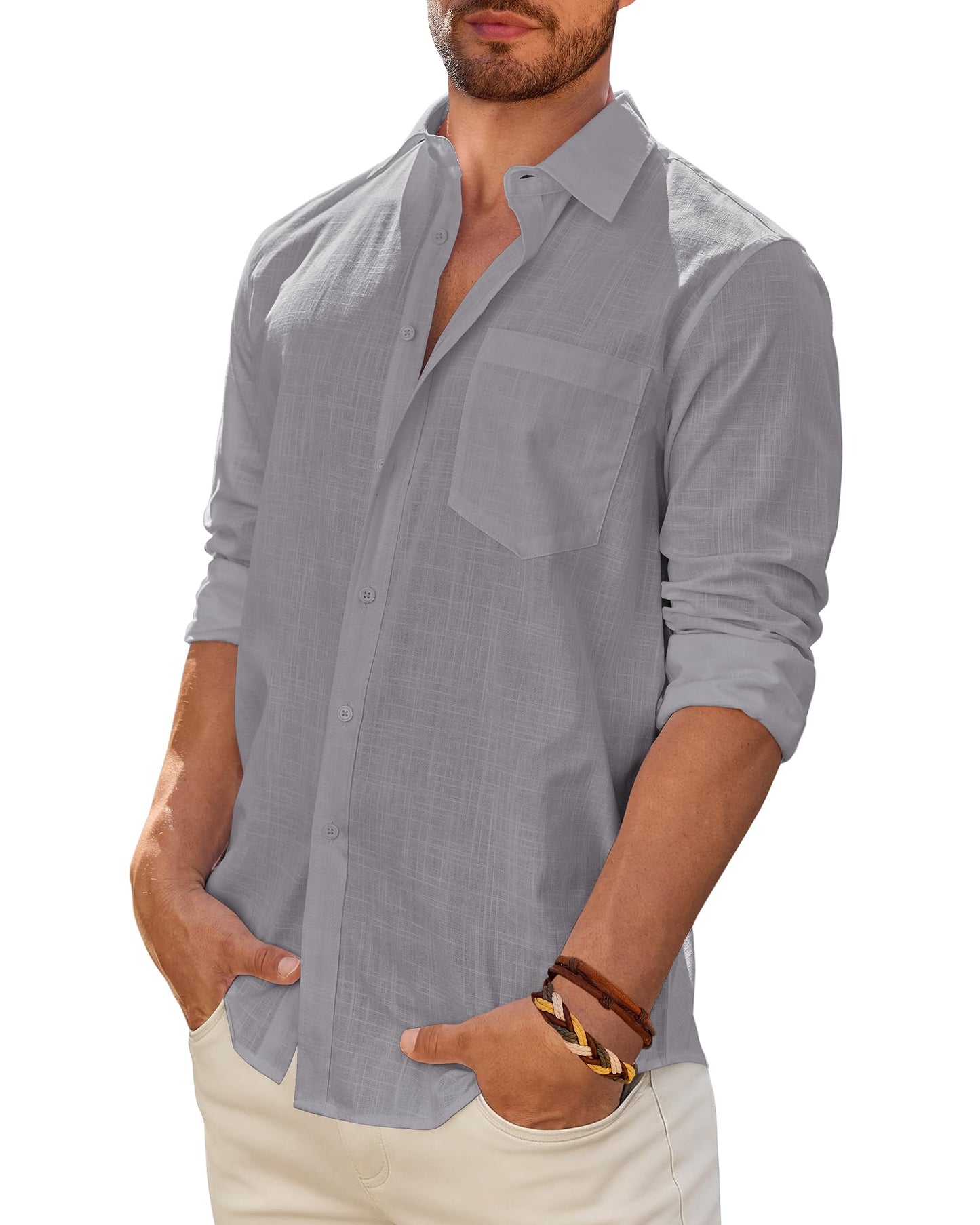 Mens Linen Textured Shirt Long Sleeve Casual Cotton Solid Regular Fit Wedding Summer Beach Button Down Shirt