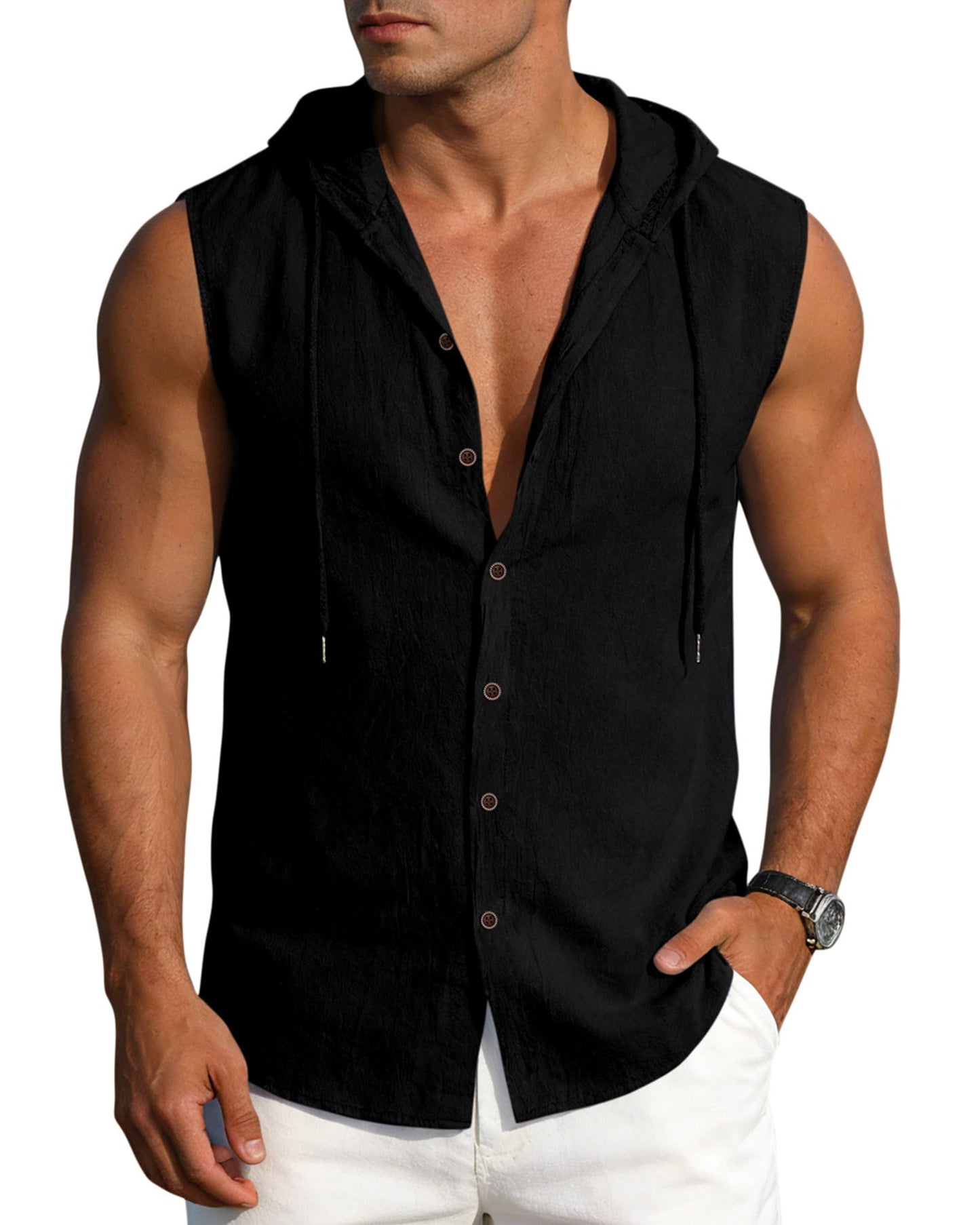 Mens Linen Sleeveless Hoodies Button Down Tank Shirt Summer Casual Beach Lightweight Hawaiian Fashion Tops