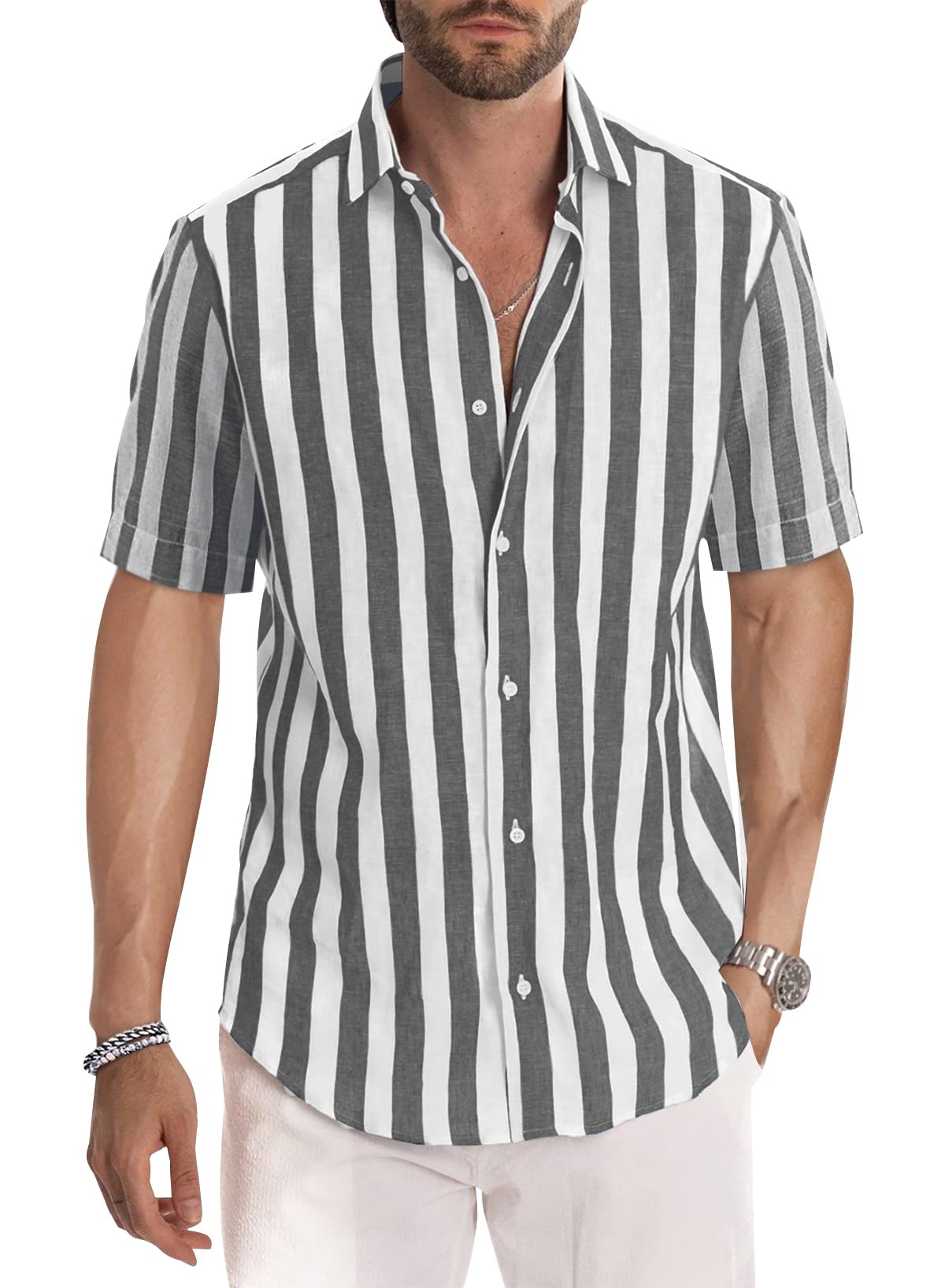 Men's Casual Stylish Short Sleeve Button-Up Striped Dress Shirt Cotton Beach Shirts