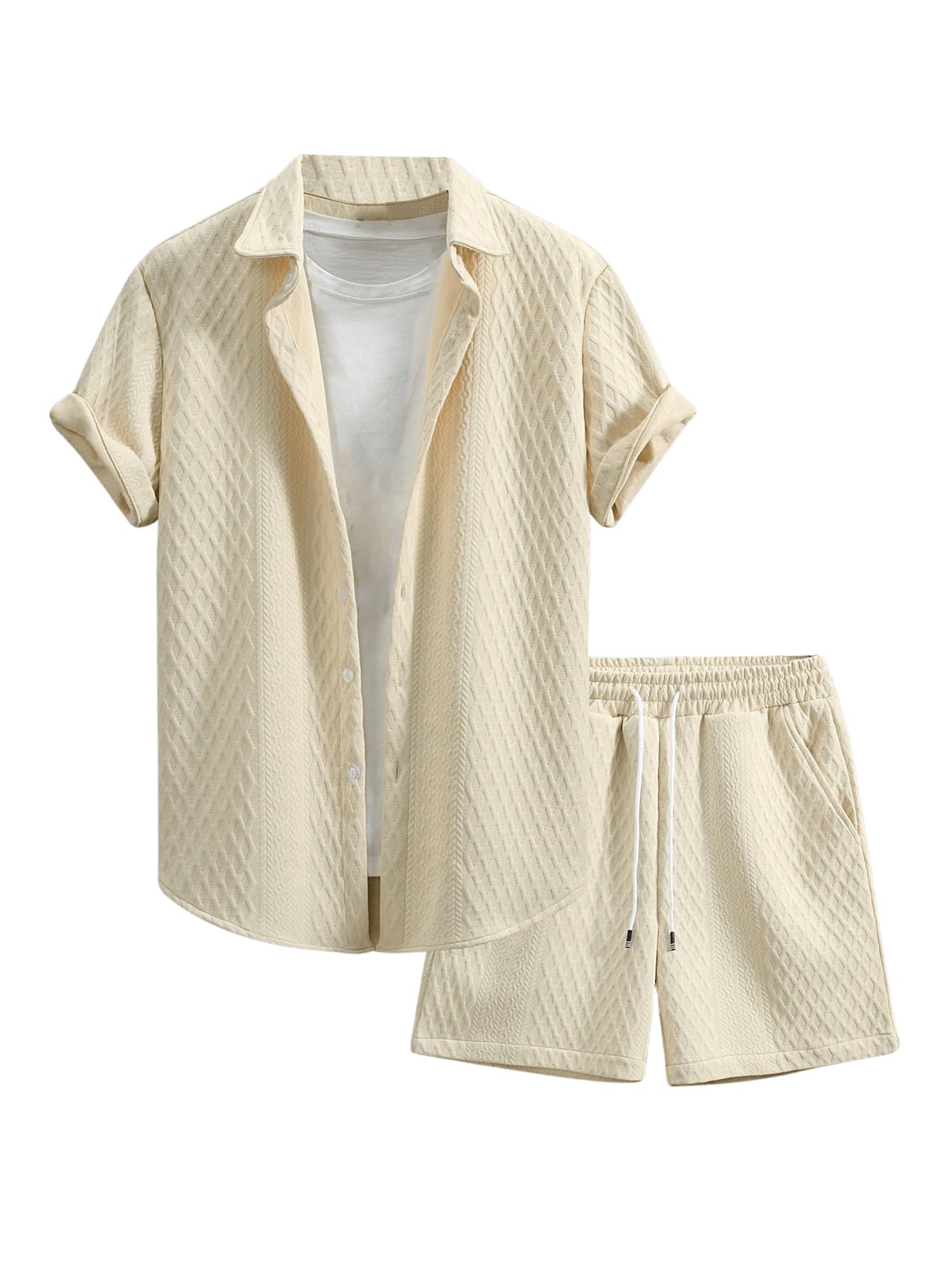 Waffle Knit 2 Piece Outfits for Men, Button Down Shirt and Shorts Set