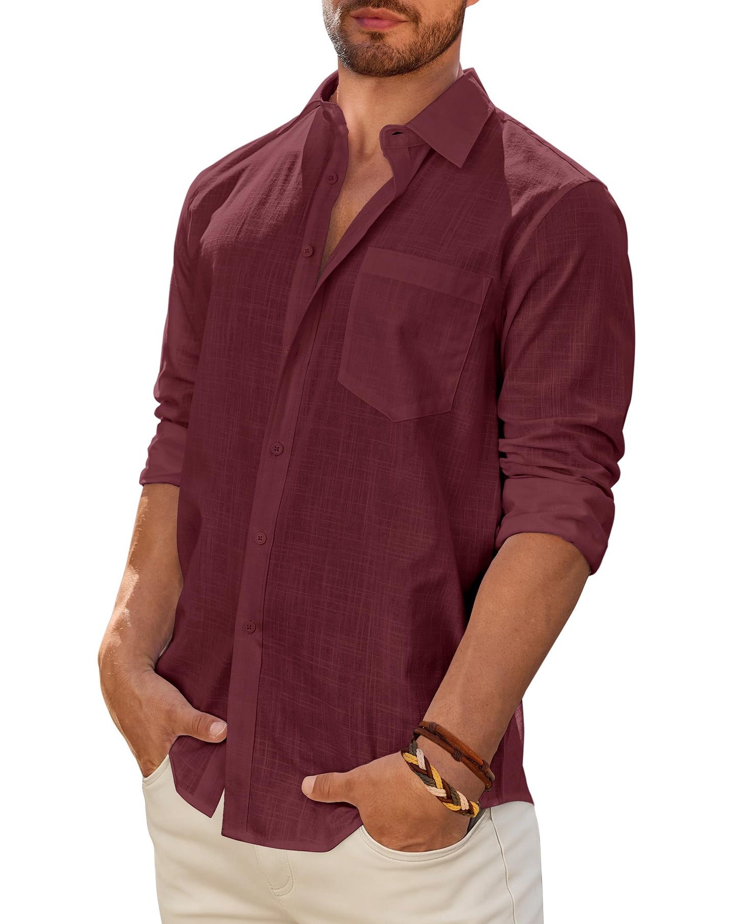 Mens Linen Textured Shirt Long Sleeve Casual Cotton Solid Regular Fit Wedding Summer Beach Button Down Shirt