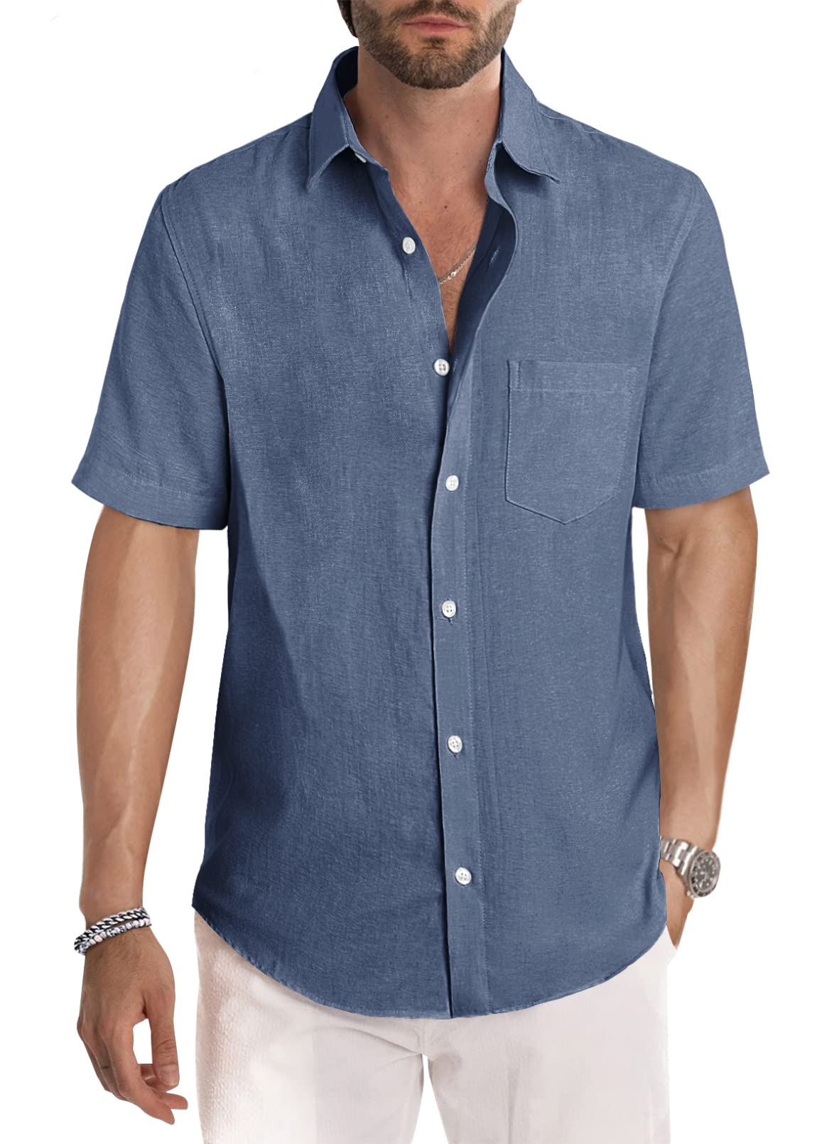 Men's Casual Stylish Short Sleeve Button-Up Striped Dress Shirt Cotton Beach Shirts