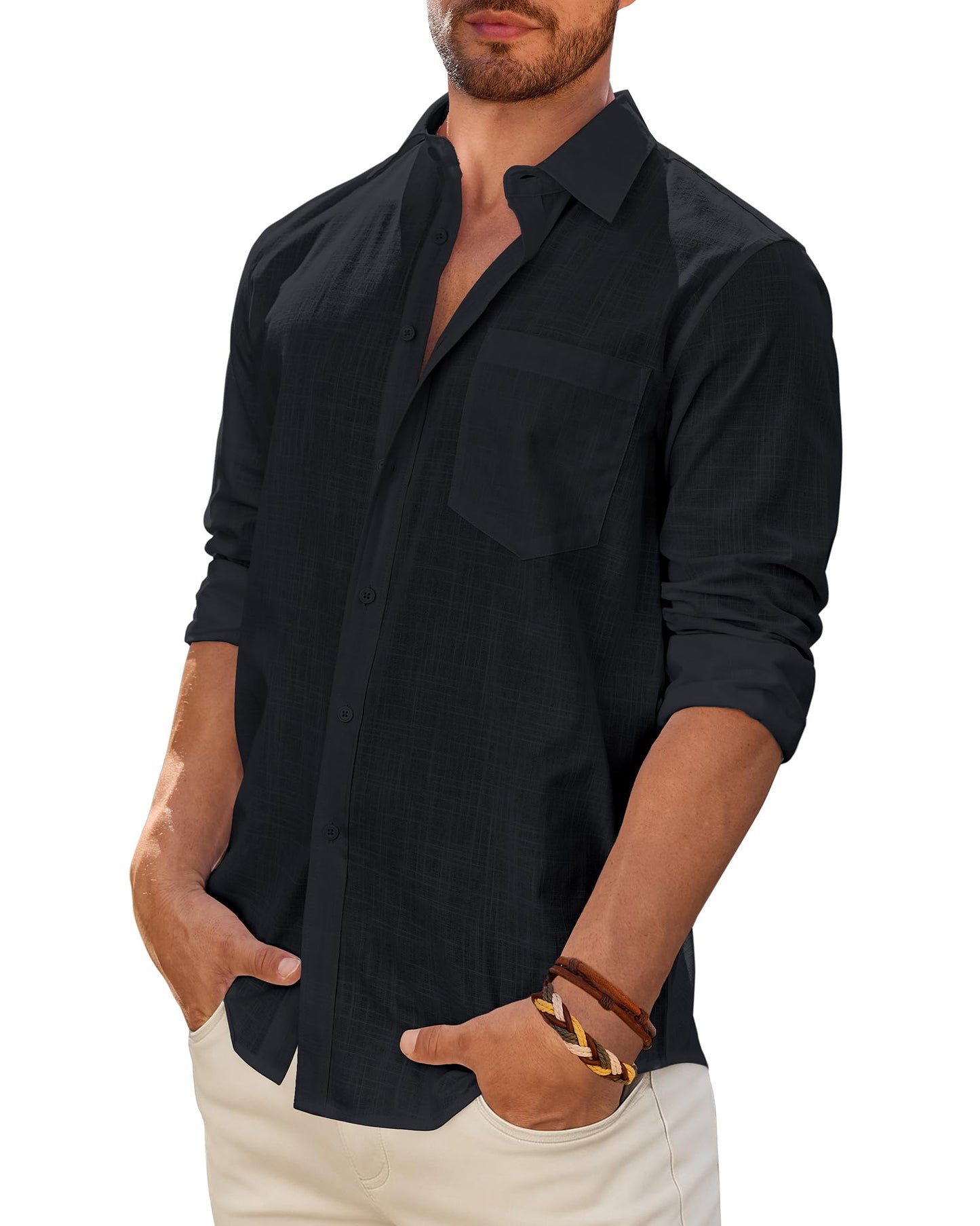 Mens Linen Textured Shirt Long Sleeve Casual Cotton Solid Regular Fit Wedding Summer Beach Button Down Shirt