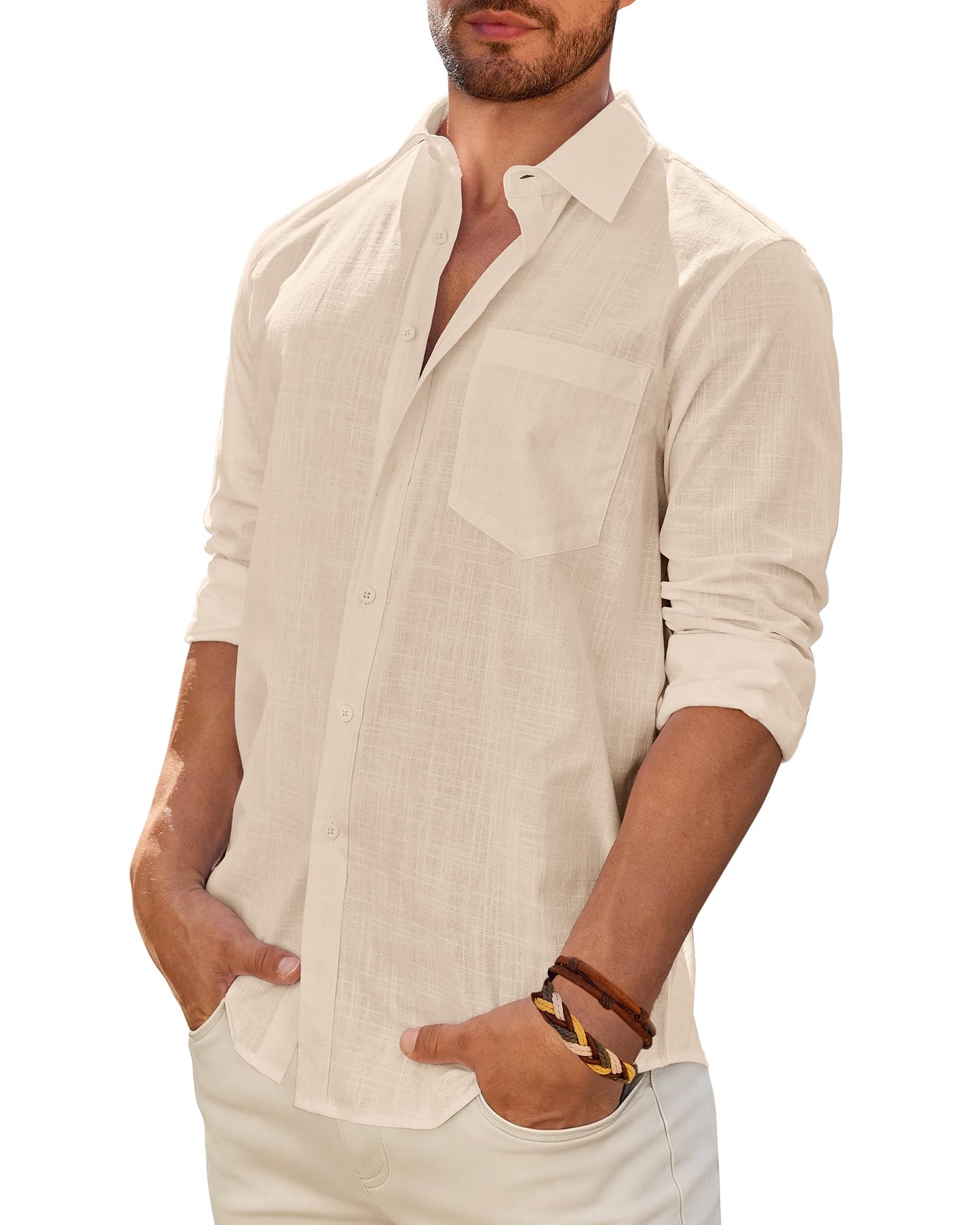 Mens Linen Textured Shirt Long Sleeve Casual Cotton Solid Regular Fit Wedding Summer Beach Button Down Shirt