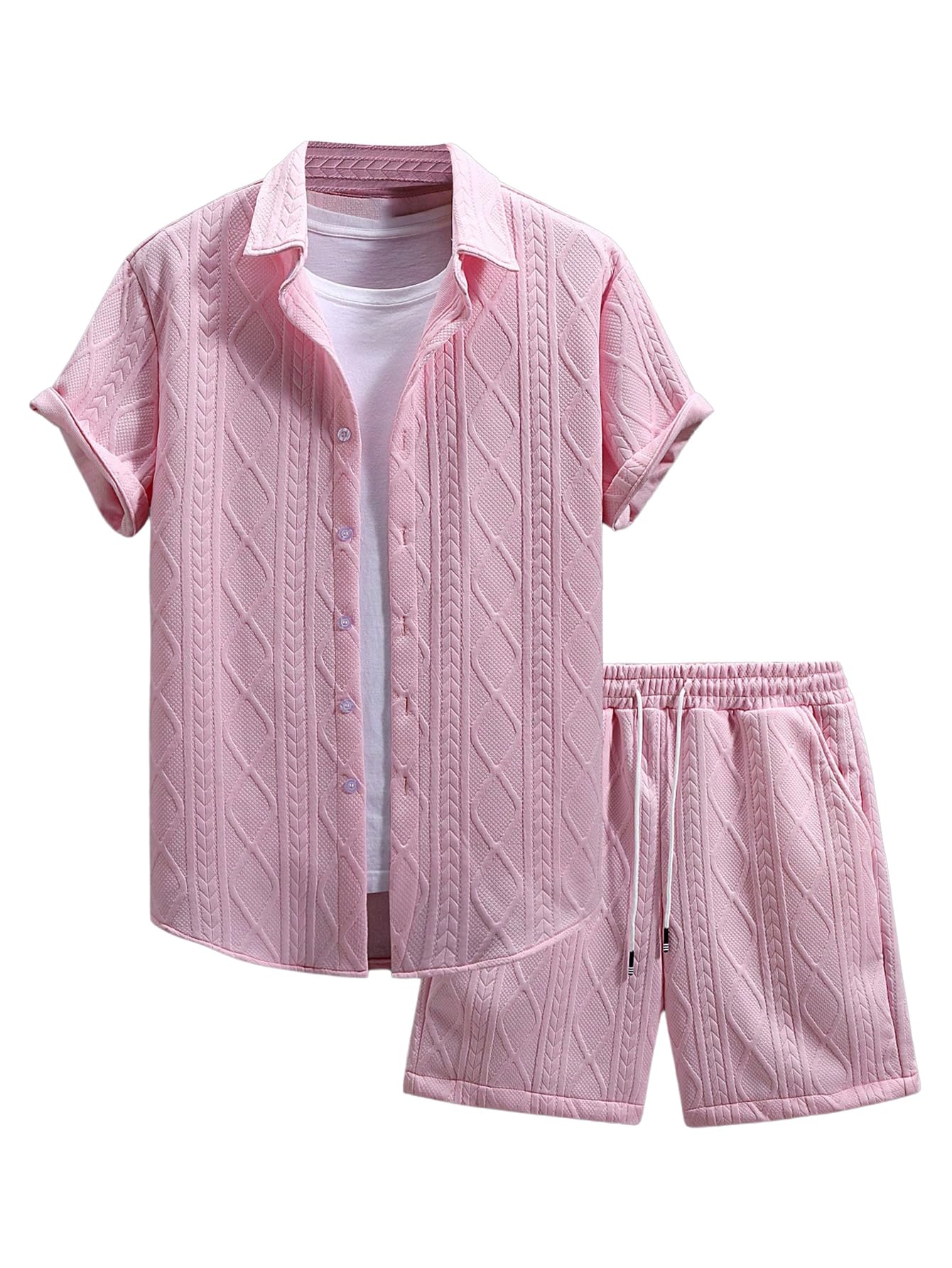 Waffle Knit 2 Piece Outfits for Men, Button Down Shirt and Shorts Set
