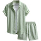 Waffle Knit 2 Piece Outfits for Men, Button Down Shirt and Shorts Set