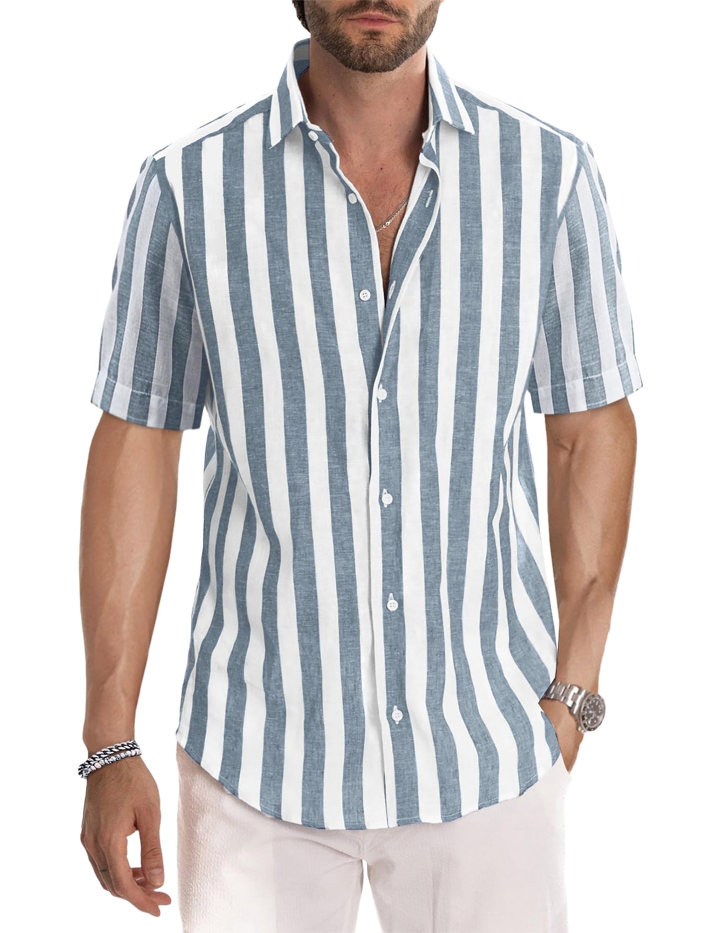 Men's Casual Stylish Short Sleeve Button-Up Striped Dress Shirt Cotton Beach Shirts