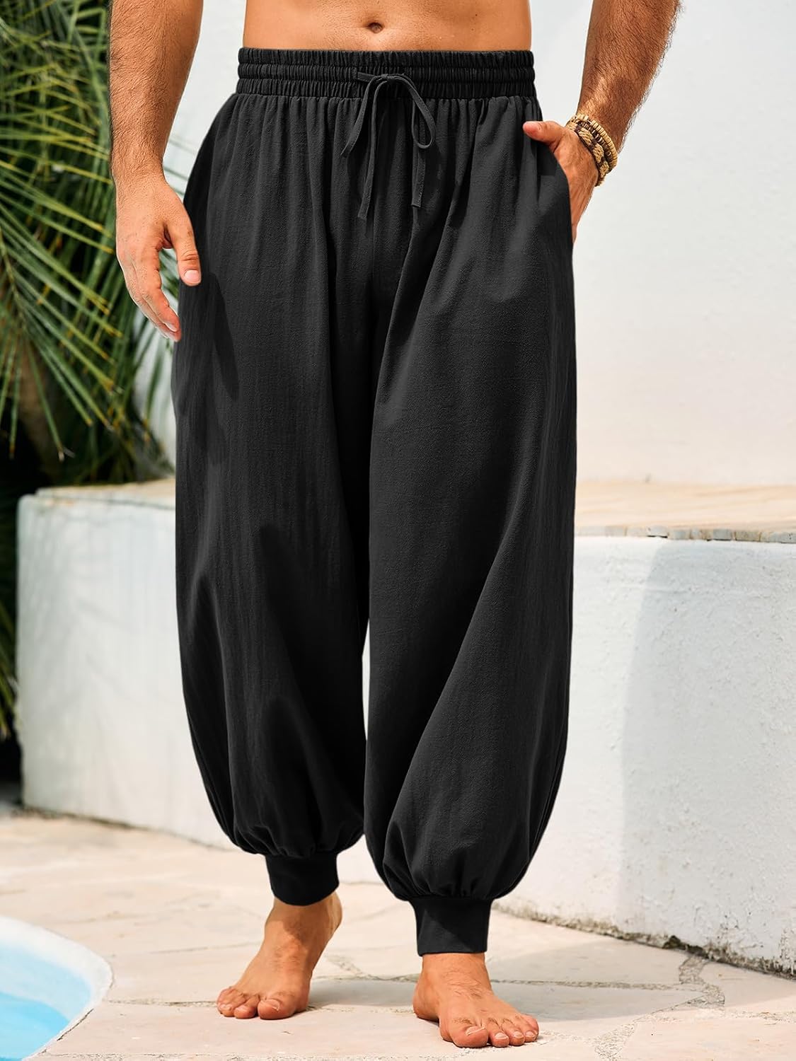 Casual Elastic Waist Drawstring Baggy Pants, Cotton Linen Loose Boho Yoga Beach Trousers