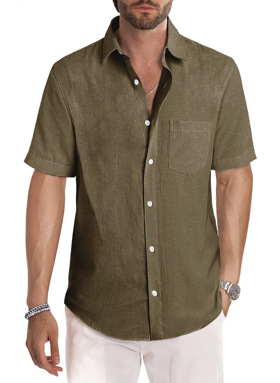 Men's Casual Stylish Short Sleeve Button-Up Striped Dress Shirt Cotton Beach Shirts