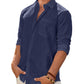 Mens Linen Textured Shirt Long Sleeve Casual Cotton Solid Regular Fit Wedding Summer Beach Button Down Shirt
