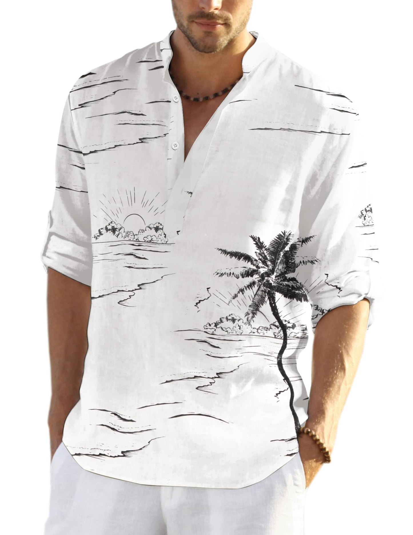 Cotton Linen Henley T-Shirt for Men, Long Sleeve Hippie Casual Beach T-Shirts