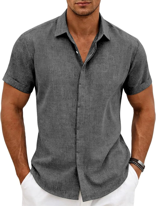 Men's Linen Shirts Slim Short Sleeve Textured Button Down Dress Shirt Breathable Casual Summer Beach Vacation Wedding Tops