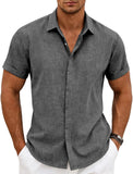 Men's Linen Shirts Slim Short Sleeve Textured Button Down Dress Shirt Breathable Casual Summer Beach Vacation Wedding Tops