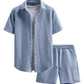 Waffle Knit 2 Piece Outfits for Men, Button Down Shirt and Shorts Set