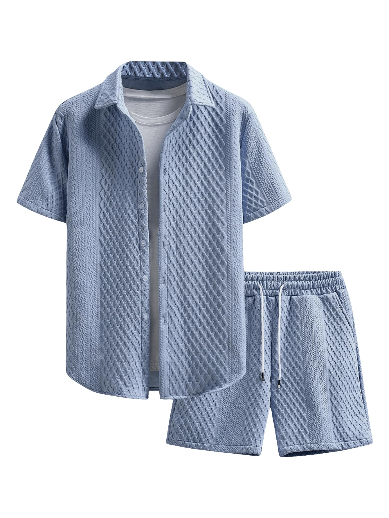 Waffle Knit 2 Piece Outfits for Men, Button Down Shirt and Shorts Set