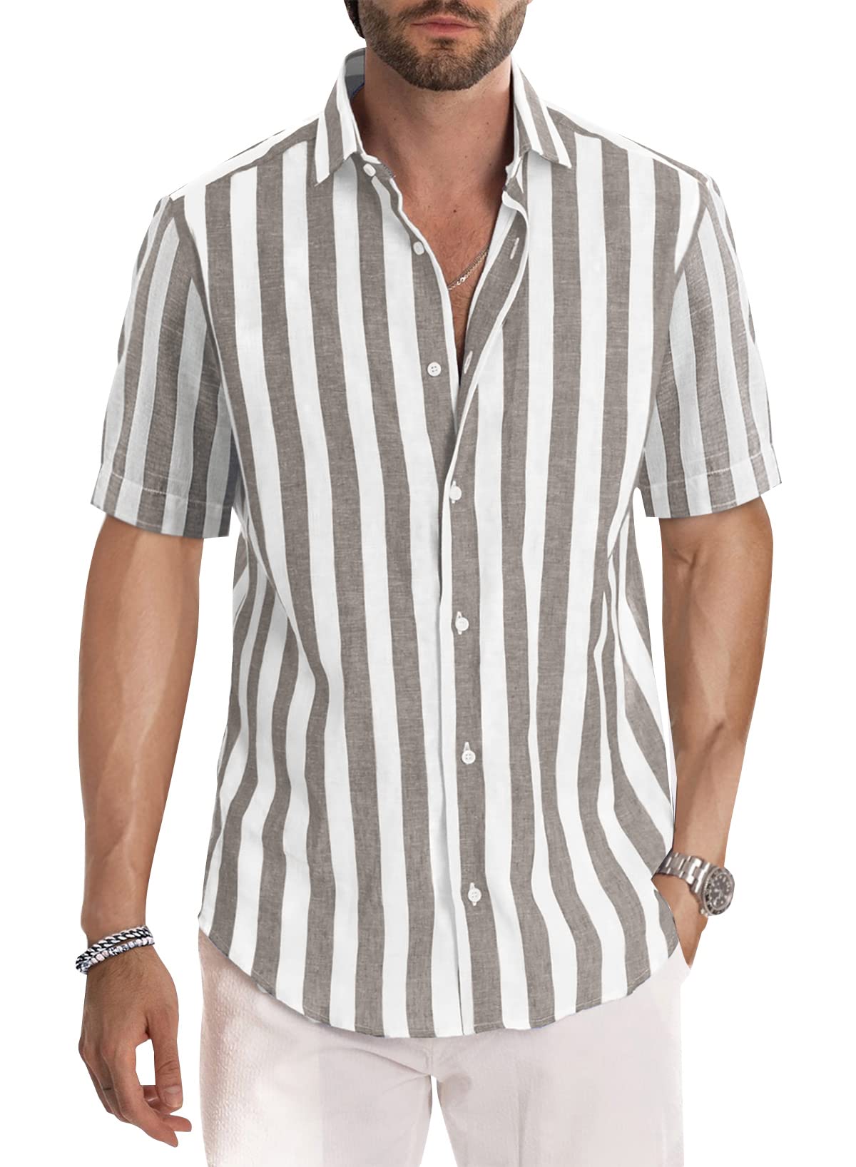 Men's Casual Stylish Short Sleeve Button-Up Striped Dress Shirt Cotton Beach Shirts
