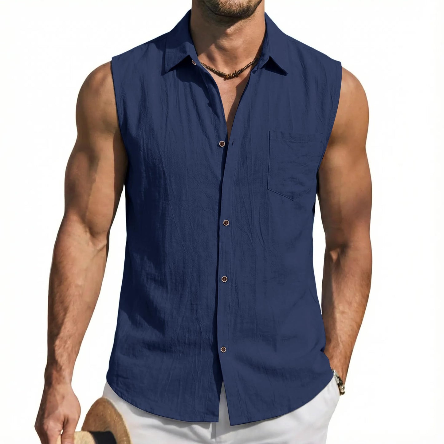 Mens Linen Sleeveless Hoodies Button Down Tank Shirt Summer Casual Beach Lightweight Hawaiian Fashion Tops