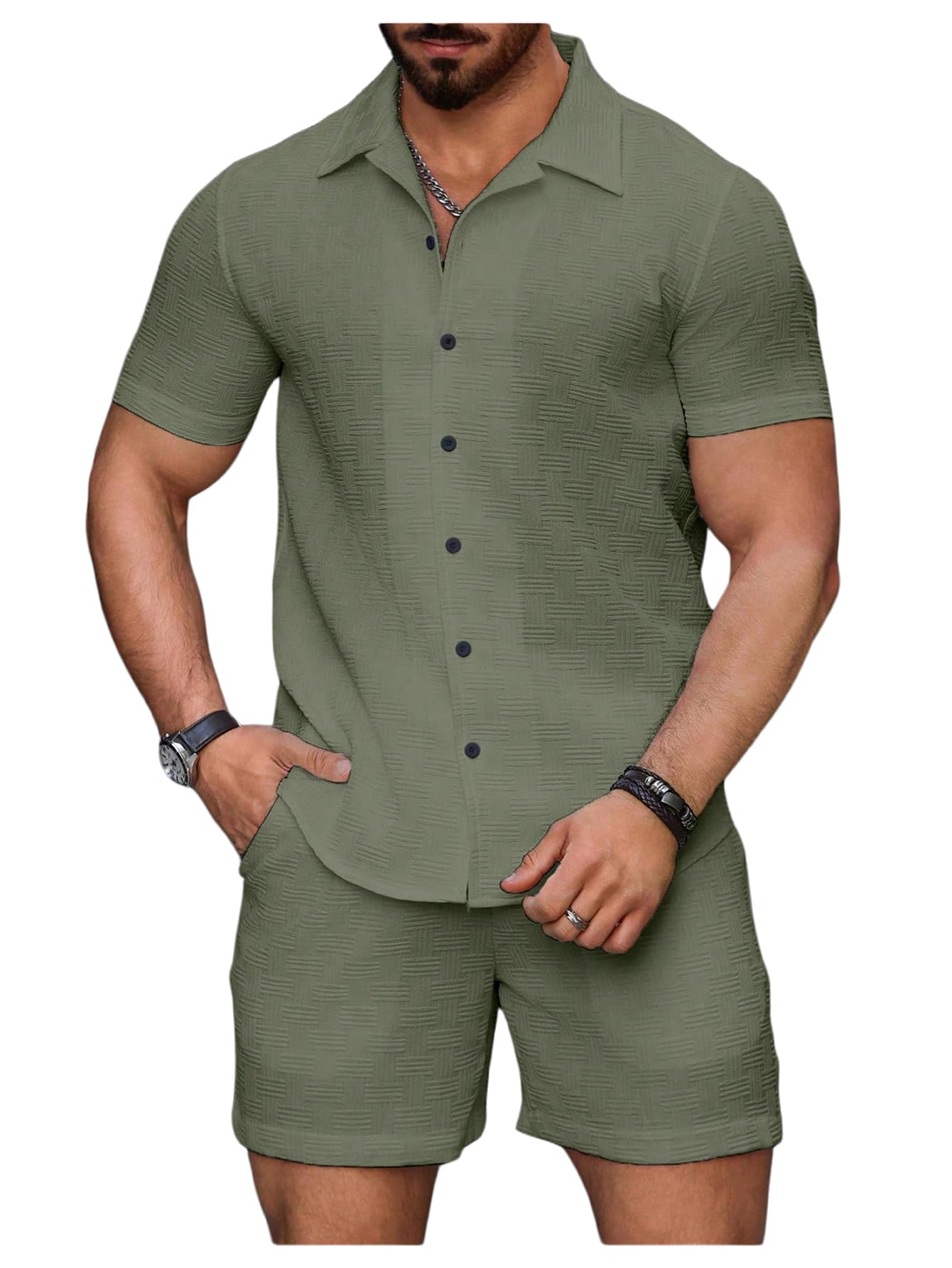 Waffle Knit 2 Piece Outfits for Men, Button Down Shirt and Shorts Set