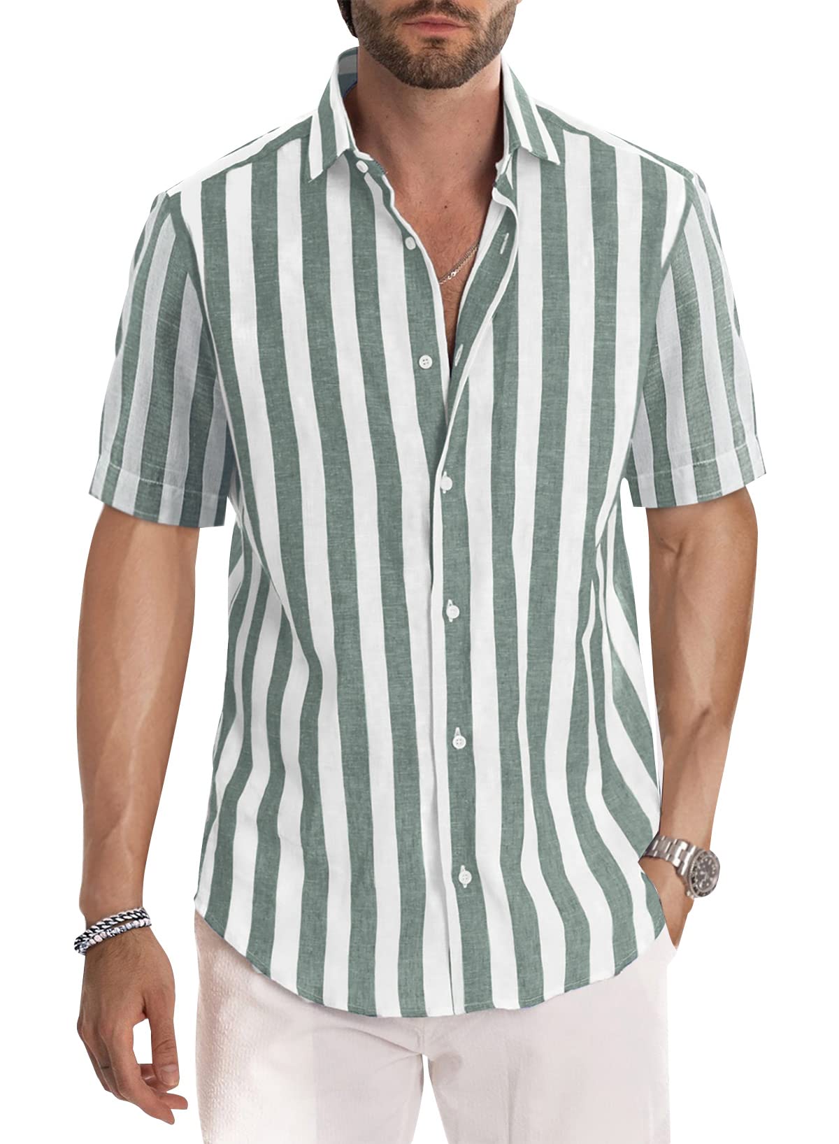 Men's Casual Stylish Short Sleeve Button-Up Striped Dress Shirt Cotton Beach Shirts