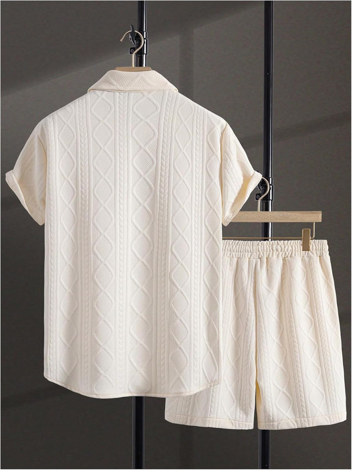 Waffle Knit 2 Piece Outfits for Men, Button Down Shirt and Shorts Set