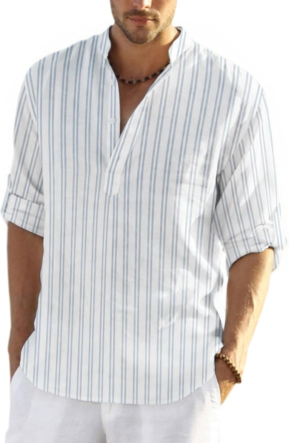 Cotton Linen Henley T-Shirt for Men, Long Sleeve Hippie Casual Beach T-Shirts