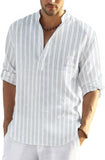 Cotton Linen Henley T-Shirt for Men, Long Sleeve Hippie Casual Beach T-Shirts