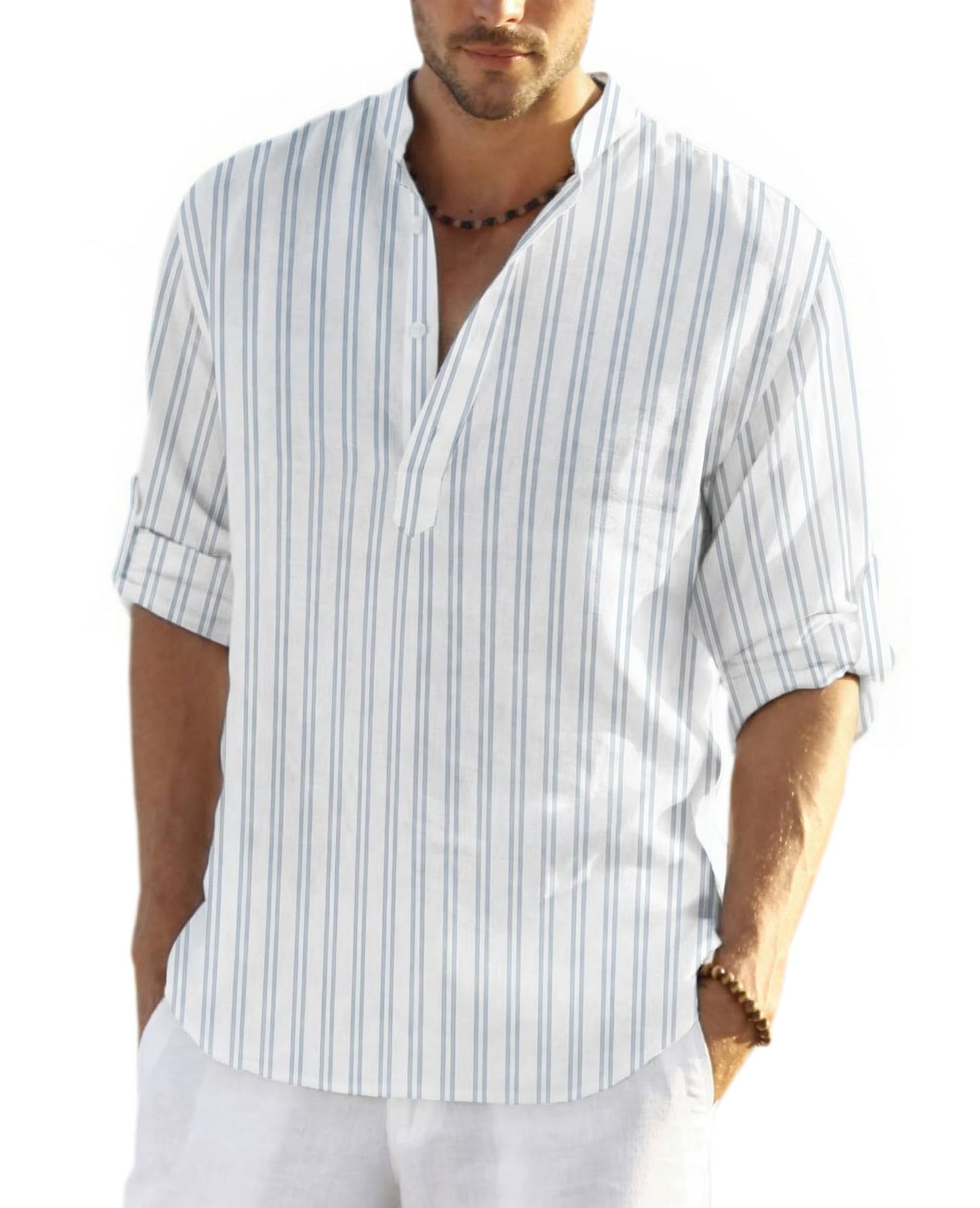 Cotton Linen Henley T-Shirt for Men, Long Sleeve Hippie Casual Beach T-Shirts