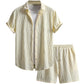 Waffle Knit 2 Piece Outfits for Men, Button Down Shirt and Shorts Set