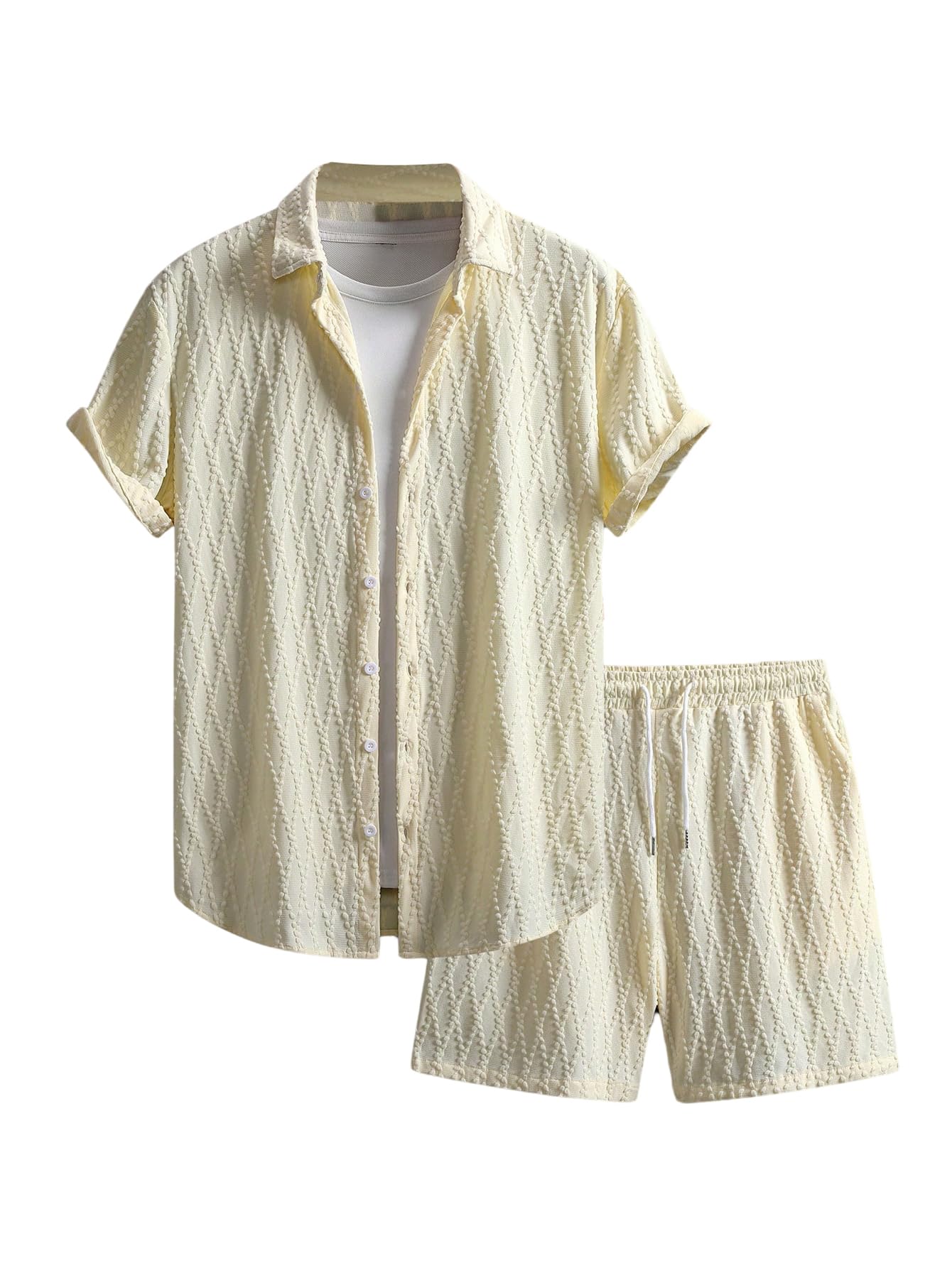 Waffle Knit 2 Piece Outfits for Men, Button Down Shirt and Shorts Set