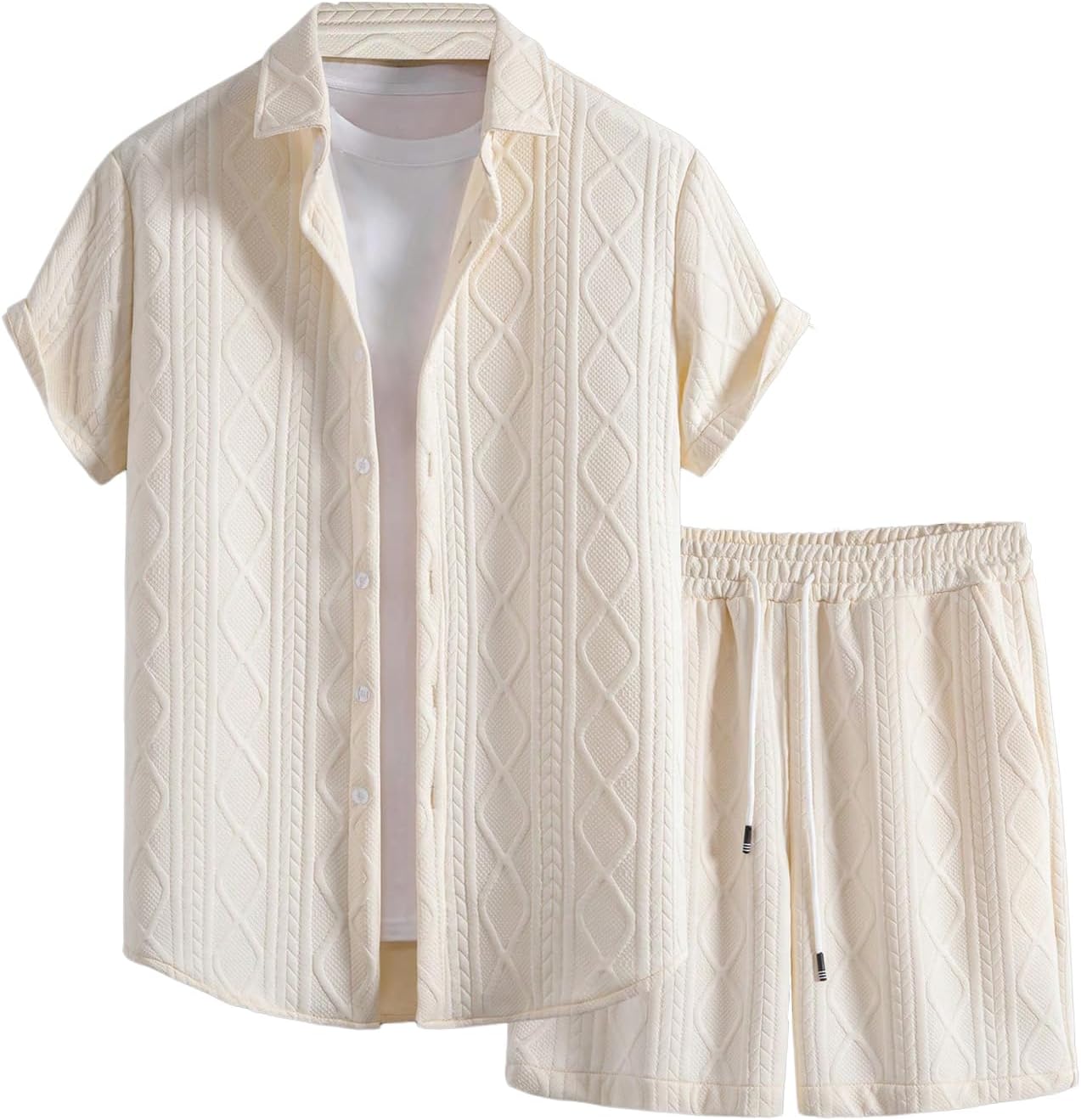 Waffle Knit 2 Piece Outfits for Men, Button Down Shirt and Shorts Set
