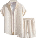 Waffle Knit 2 Piece Outfits for Men, Button Down Shirt and Shorts Set