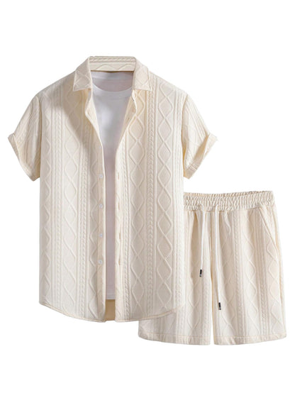 Waffle Knit 2 Piece Outfits for Men, Button Down Shirt and Shorts Set