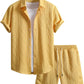 Waffle Knit 2 Piece Outfits for Men, Button Down Shirt and Shorts Set